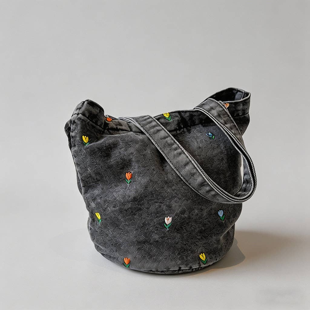 Floral Embroidered Denim Bucket Shoulder Bag