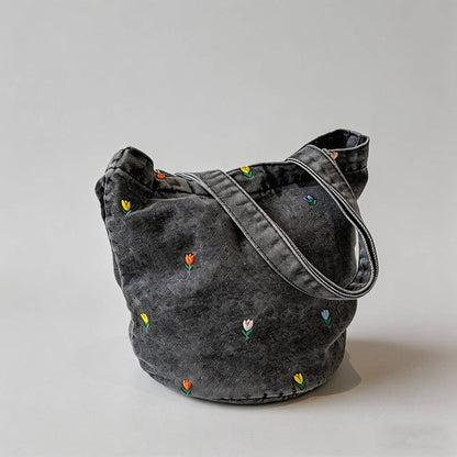 Floral Embroidered Denim Bucket Shoulder Bag
