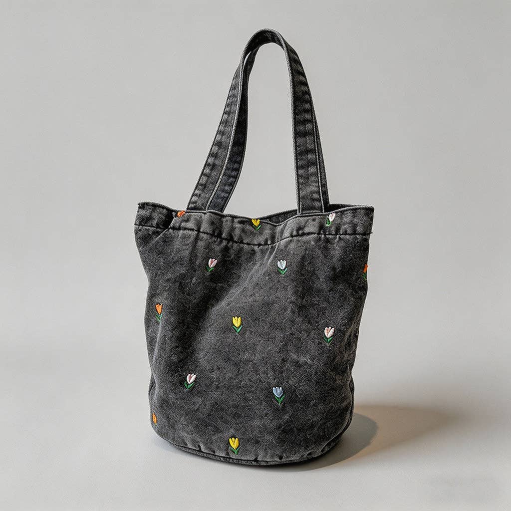 Floral Embroidered Denim Bucket Shoulder Bag