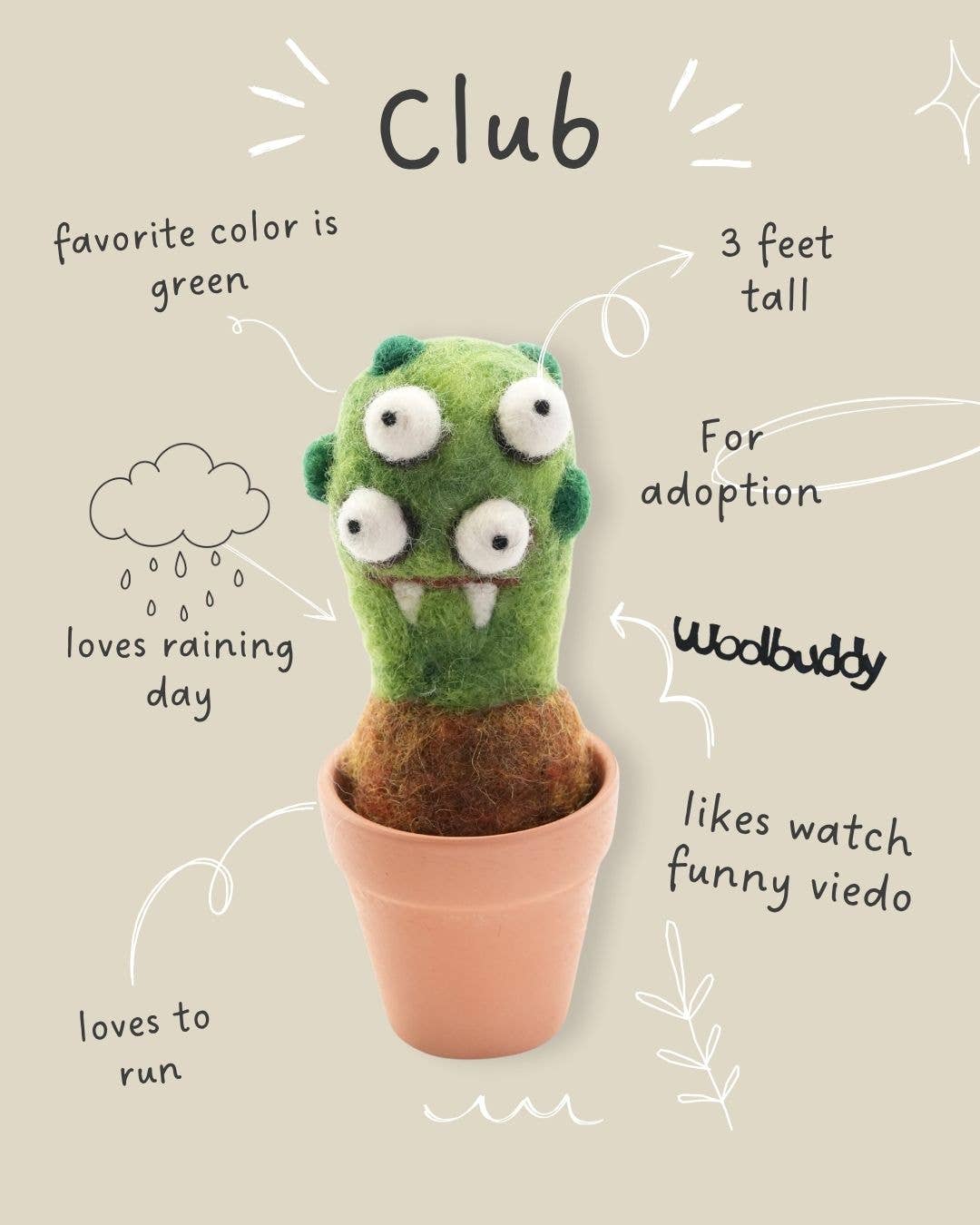Handmade Wool Needle Felted Club Cactus Plant | Woolbuddy (CA)