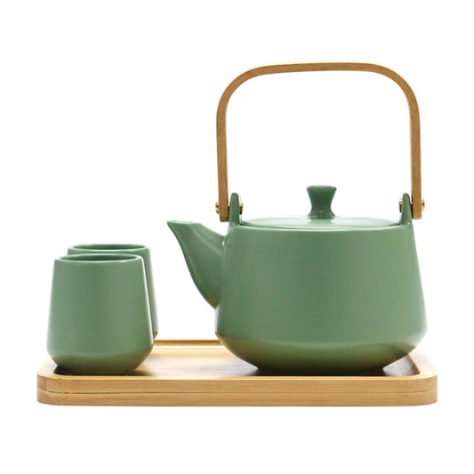 Green Matte Porcelain Tea Set with 2 Cups + Wooden Tray | Green
