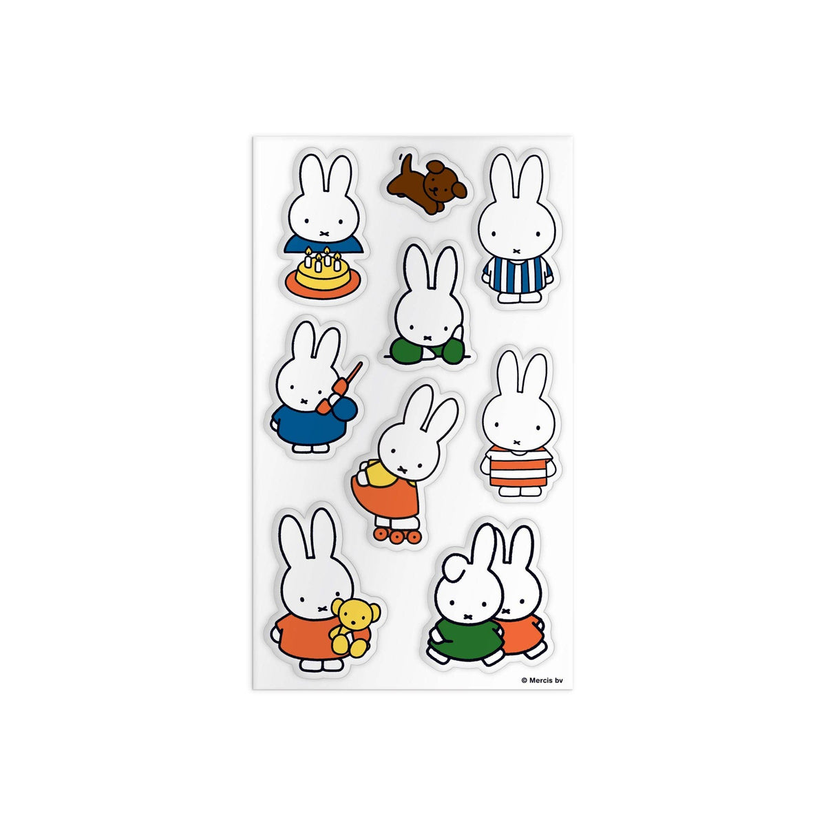 Miffy sticker sheet showing Miffy with a birthday cake, a teddy bear, a brown dog and striped outfits