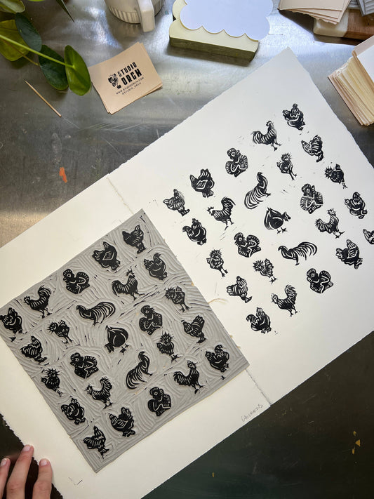 Mighty Chickens Linocut Print | Ellen Orchard (TX)