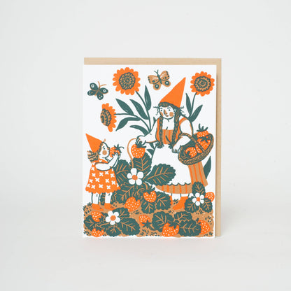 Strawberry Picking Gnome Letterpress Card by Phoebe Wahl