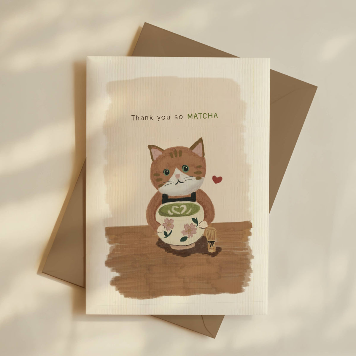 Thank You So Matcha Cat Card by Hoshi – card with kraft envelope