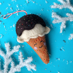 Smiling Ice Cream Cone Wool Felt Ornament