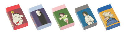 The five erasers out of the box, sleeves showing No Face, Yubaba, the Radish Spirit, Chihiro and Haku
