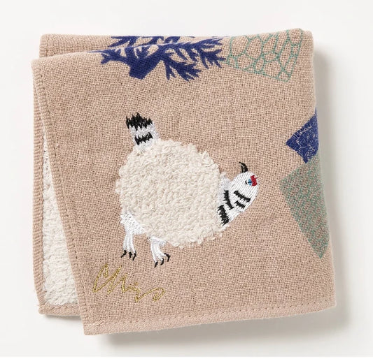 MiW Style Fluffy Gauze Handkerchief | Grouse Design in Beige | moritaMiW (Japan)