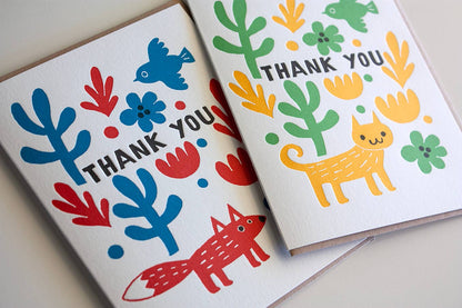 Bird Cat Thank You Letterpress Card | Fugu Fugu Press (CA)