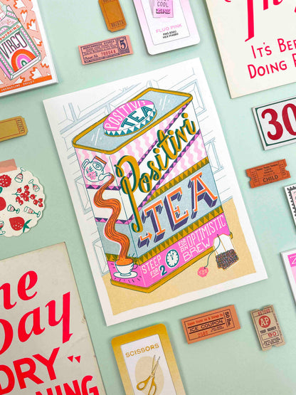 Positivity Tea Caddy A4 Risograph Print | Jacqueline Colley (UK)