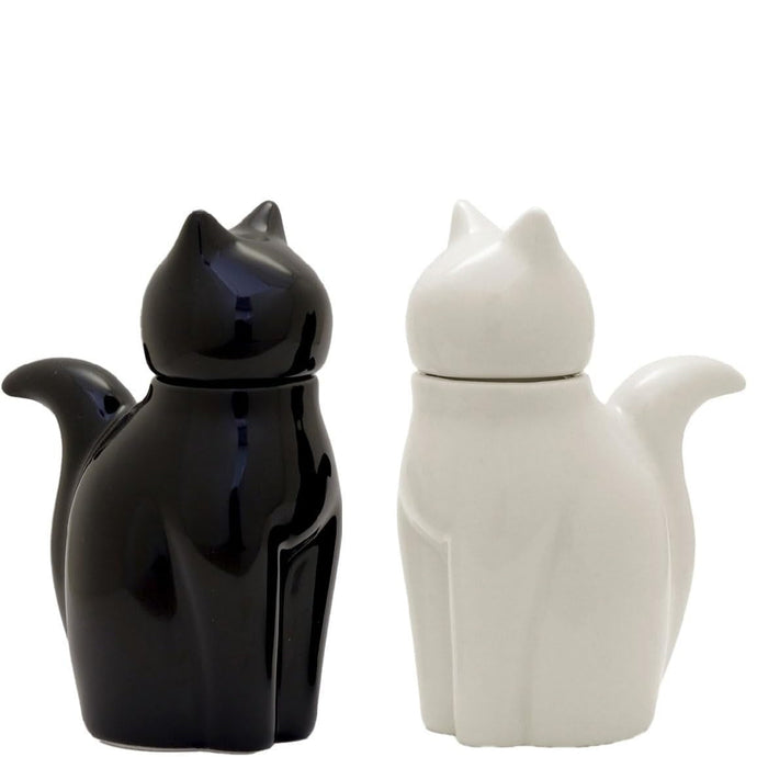 Black and white cat-shaped salt and pepper shakers on a white background