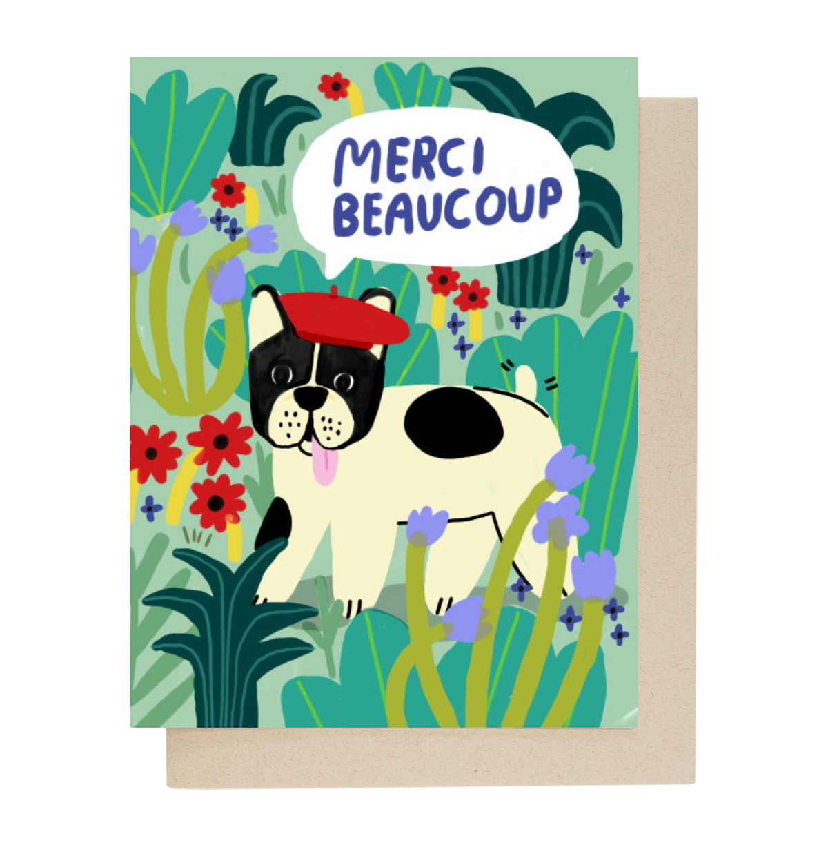 Merci Beaucoup card by People I've Loved with a French bulldog in a red beret