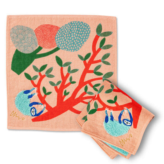 MiW Style Fluffy Gauze Handkerchief | Sloth Design in Salmon Pink | moritaMiW (Japan)