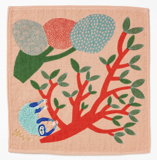MiW Style Fluffy Gauze Handkerchief | Sloth Design in Salmon Pink | moritaMiW (Japan)