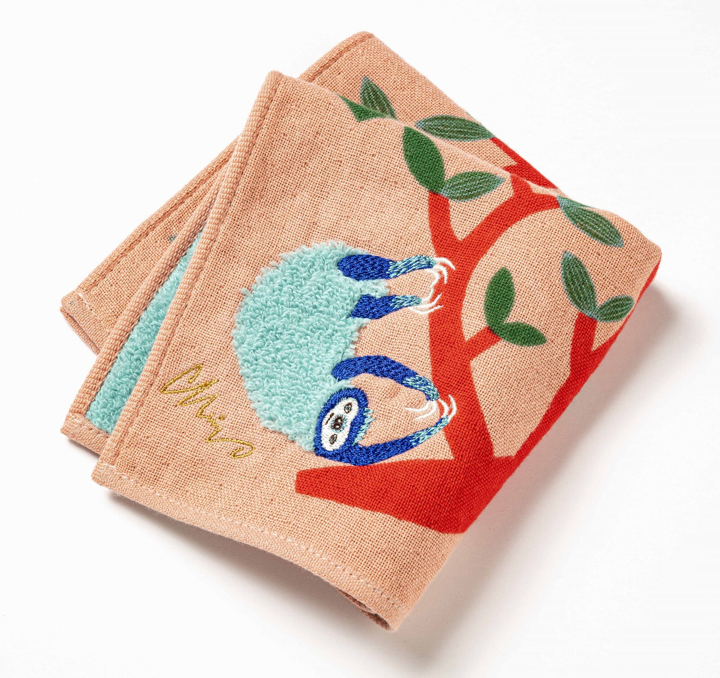 MiW Style Fluffy Gauze Handkerchief | Sloth Design in Salmon Pink | moritaMiW (Japan)