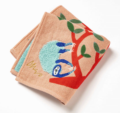 MiW Style Fluffy Gauze Handkerchief | Sloth Design in Salmon Pink | moritaMiW (Japan)