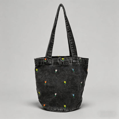 Floral Embroidered Denim Bucket Shoulder Bag