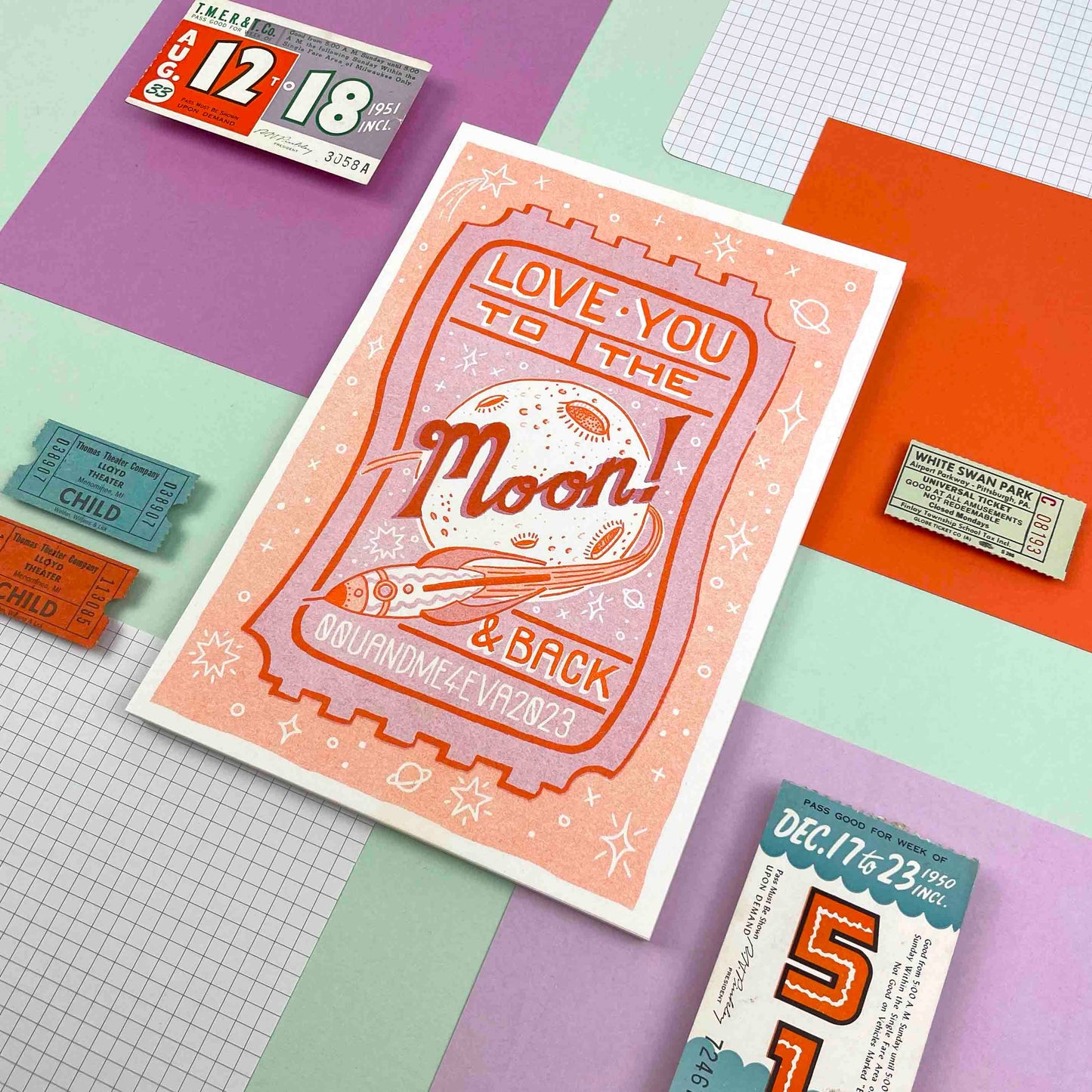 A5 to the Moon & Back Ticket, Risograph Print | Jacqueline Colley (UK)
