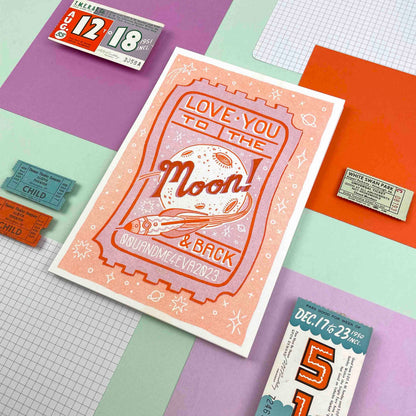 A5 to the Moon & Back Ticket, Risograph Print | Jacqueline Colley (UK)