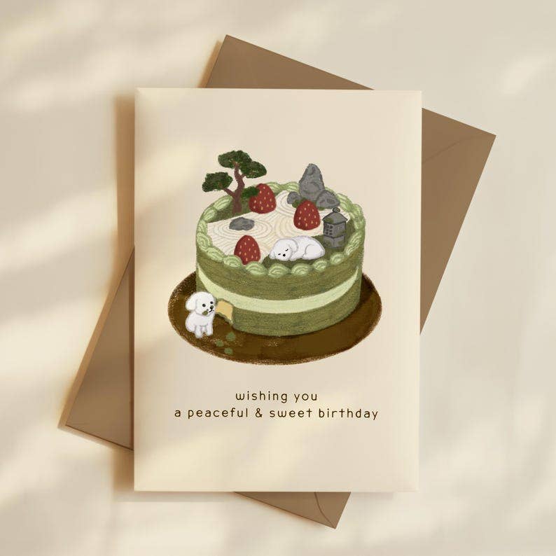 Zen Garden Dog Birthday Card by Hoshi – detail of bonsai, stone lantern, and raked sand