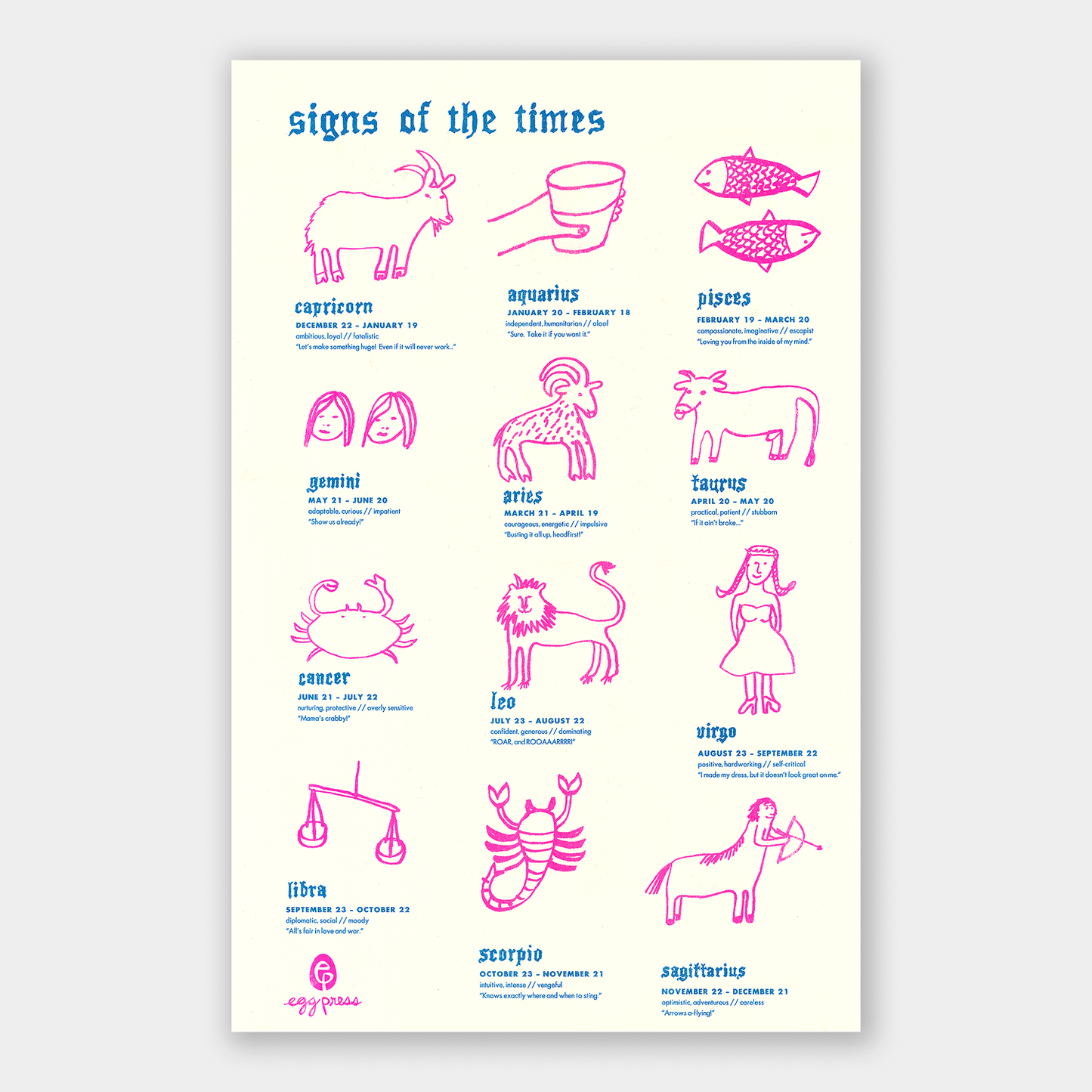 Zodiac Signs Risograph Print | Egg Press (OR)
