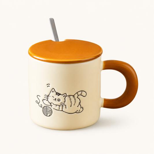 Playful Cat Stoneware Mug with Lid + Spoon