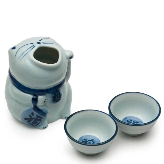 Blue & White Cat Ceramic Sake Set (Japan)