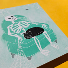 Load image into Gallery viewer, Skeleton Lap Cat Risograph Print | Bromstad Printing Co. (VA)
