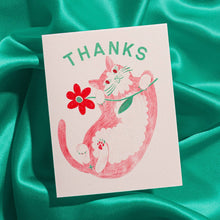 Load image into Gallery viewer, Thanks Cat &amp; Flower Risograph Card | Bromstad Printing Co. (VA)
