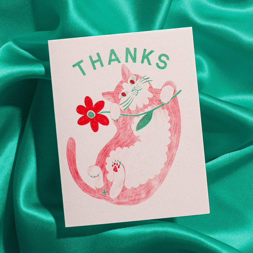 Thanks Cat & Flower Risograph Card | Bromstad Printing Co. (VA)
