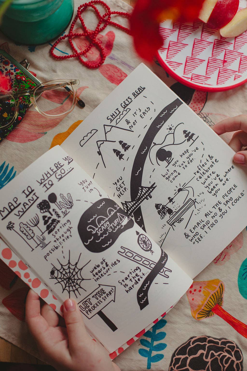 Make It Happen journal open to an illustrated prompt spread