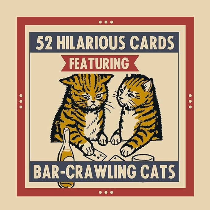 Graphic reading 52 hilarious cards featuring bar-crawling cats, with two tabby cats at a card table