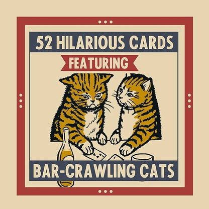 Graphic reading 52 hilarious cards featuring bar-crawling cats, with two tabby cats at a card table