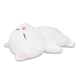 White plush toy with black accents on a white background