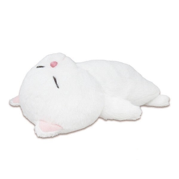 White plush toy with black accents on a white background