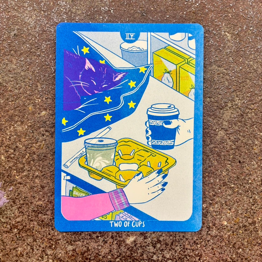 Cornerstore Tarot Risograph Print Postcard | Two of Cups | Christina Hu (CA)