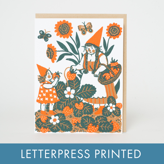 Strawberry Picking Gnome Letterpress Card by Phoebe Wahl