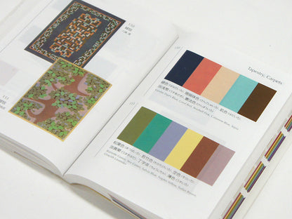 Spread from A Dictionary of Color Combinations Vol. 2 pairing a vintage carpet design with its color palettes