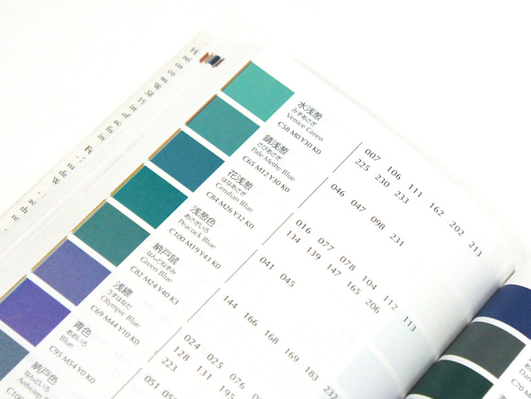 Fanned color chip pages in A Dictionary of Color Combinations Vol. 2 in teal, blue and green