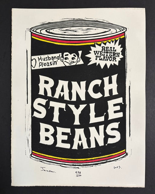 Beans linocut print by Jack Russell (Jackdaw Folk Art): a Ranch Style Beans can