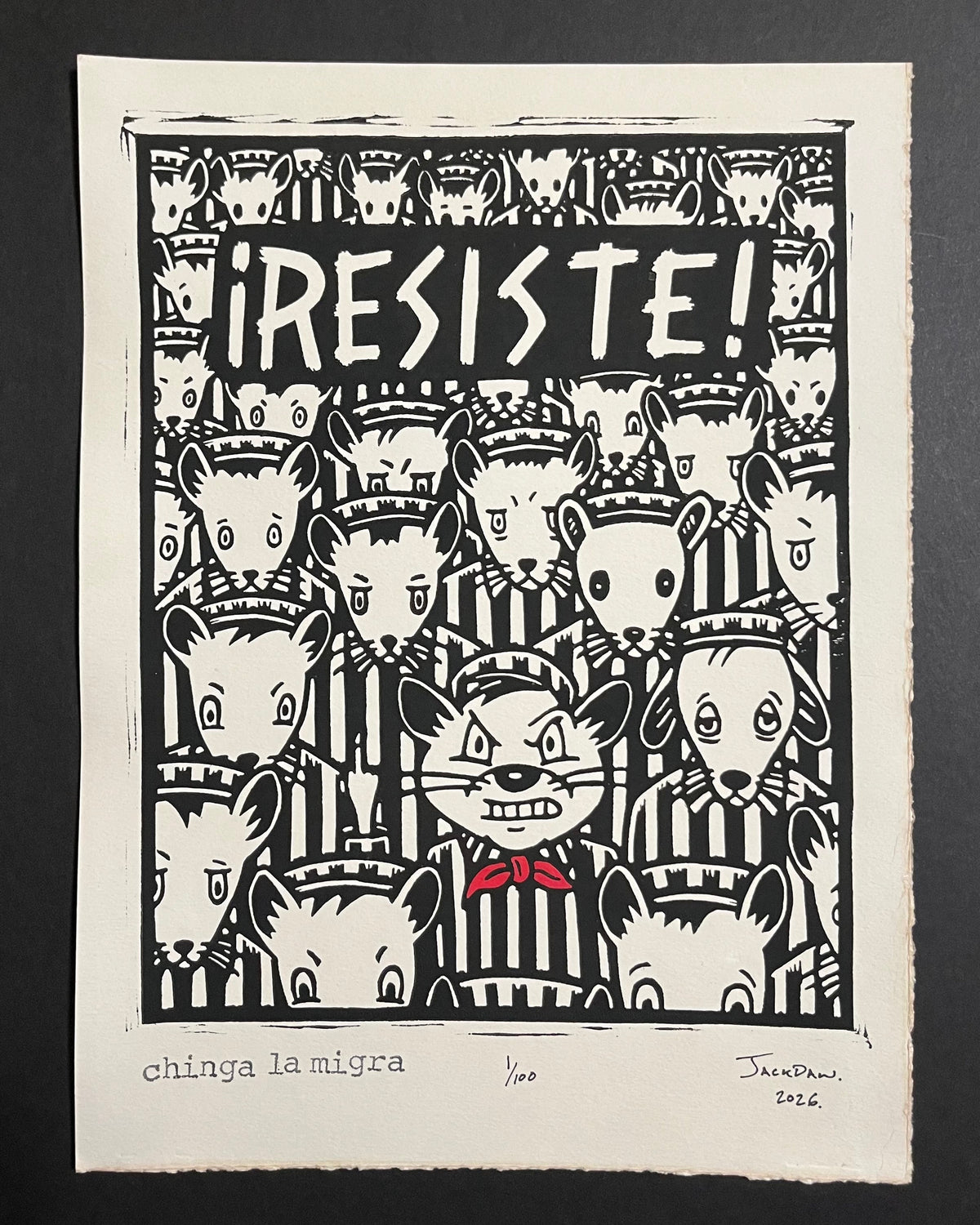 Chinga La Migra linocut print by Jack Russell (Jackdaw Folk Art): a defiant cat in a red bandana