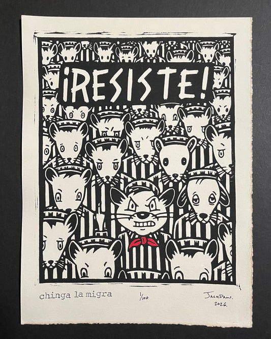 Chinga La Migra linocut print by Jack Russell (Jackdaw Folk Art): a defiant cat in a red bandana
