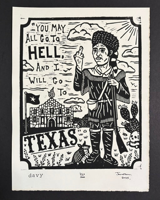 Davy linocut print by Jack Russell (Jackdaw Folk Art): Davy Crockett at the Alamo