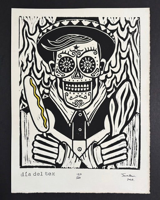 Dia del Tex linocut print by Jack Russell (Jackdaw Folk Art): Big Tex as a sugar-skull calavera