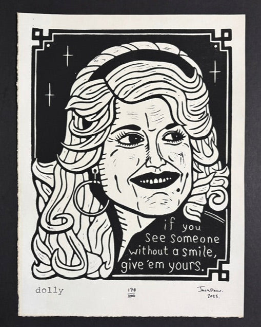 Dolly linocut print by Jack Russell (Jackdaw Folk Art): Dolly Parton with a big smile