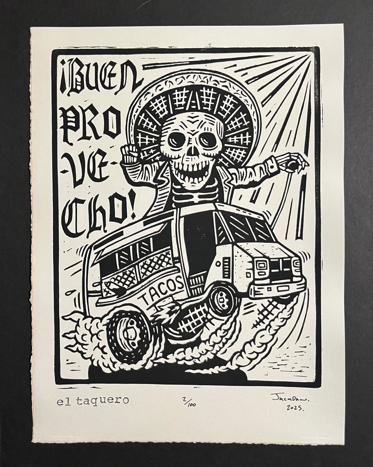 El Taquero linocut print by Jack Russell (Jackdaw Folk Art): a skeleton driving a taco truck