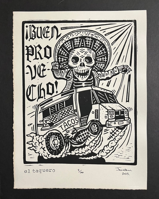 El Taquero linocut print by Jack Russell (Jackdaw Folk Art): a skeleton driving a taco truck