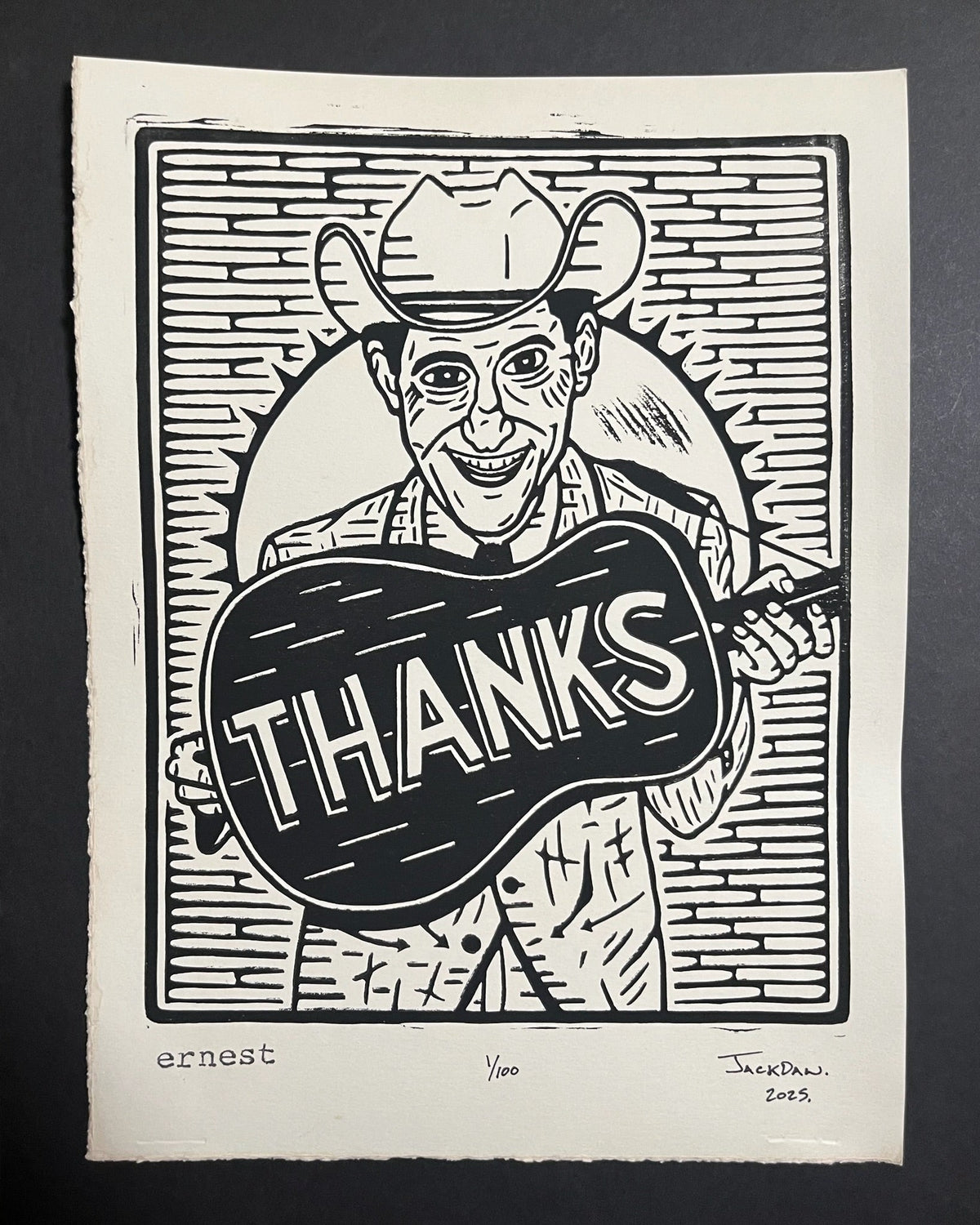 Ernest linocut print by Jack Russell (Jackdaw Folk Art): Ernest Tubb with his THANKS guitar