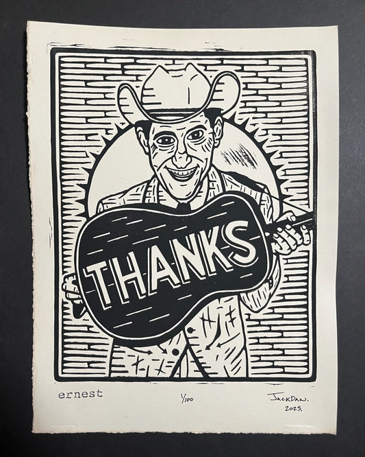Ernest linocut print by Jack Russell (Jackdaw Folk Art): Ernest Tubb with his THANKS guitar