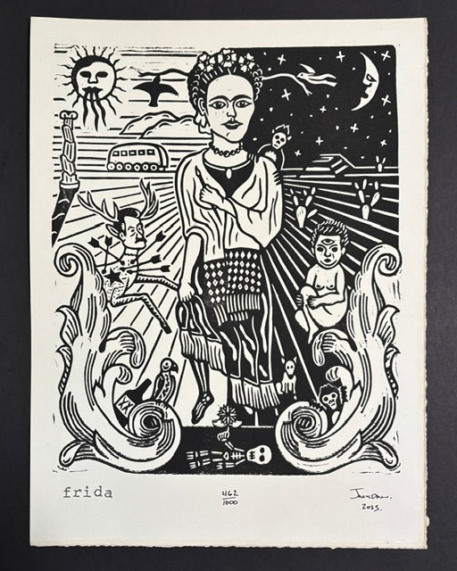 Frida linocut print by Jack Russell (Jackdaw Folk Art): Frida Kahlo in a dreamlike landscape